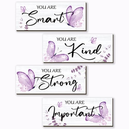 4-Piece Purple Butterfly Wooden Wall Decor with Inspirational Quotes