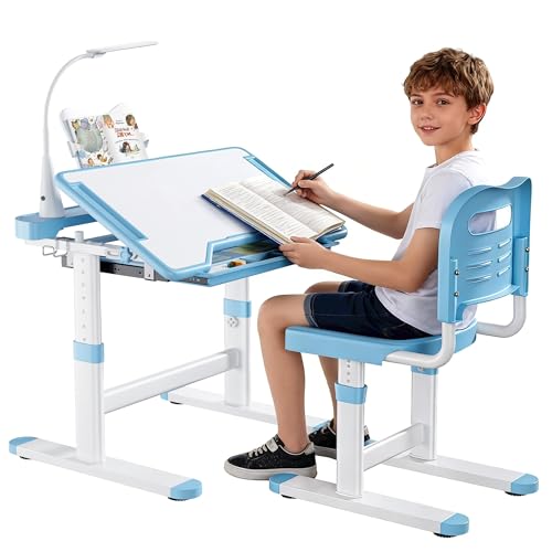 Height Adjustable Kids Study Desk and Chair Set with LED Lamp and Drawer