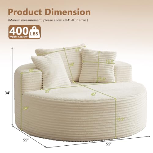 Oversized Corduroy Round Lounge Chair, Deep Seat Cloud Chaise Sofa