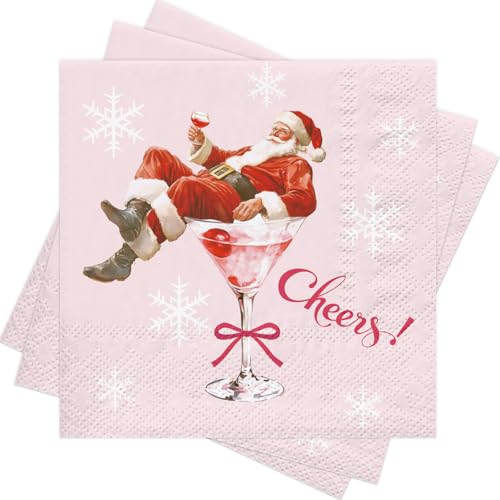 Martini Santa Christmas Cocktail Napkins 25 Pcs, Pink 3-Ply, Cheers Design
