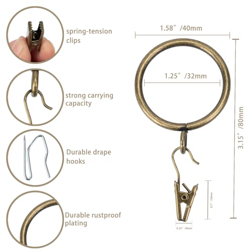 24-Piece Bronze Curtain Ring Set with Clips and Hooks - 1.25 Inch Diameter
