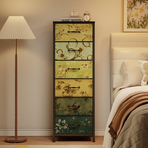 Tall 6-Drawer Dresser with Fabric Drawers, Retro Storage Organizer Unit