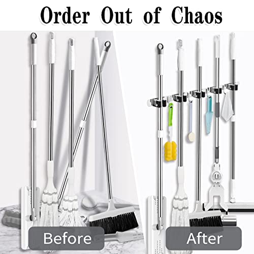 Stainless Steel Broom Holder Wall Mount with 5 Racks and 4 Hooks