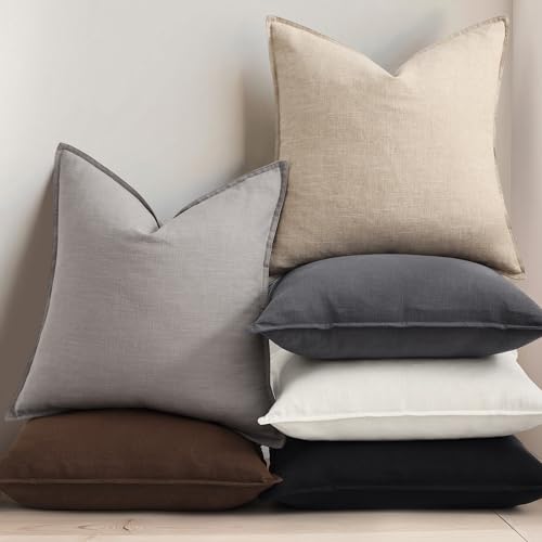 decorUhome Beige Linen Throw Pillow Covers 20x20 Set of 2 with Flange Edge