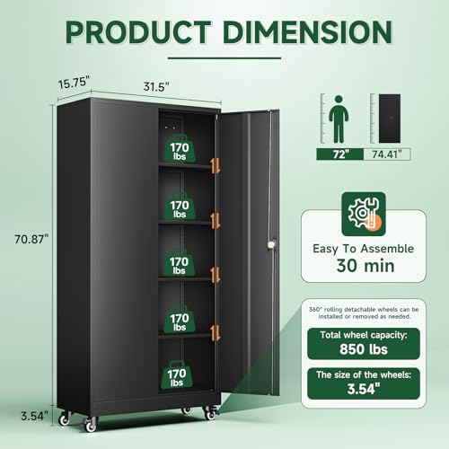 75-Inch Rolling Metal Garage Storage Cabinet with Lockable Doors - Black