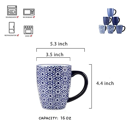 Selamica Vintage Blue 16 oz Ceramic Coffee Mug Set of 6 - Dishwasher & Microwave Safe