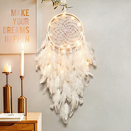 Handmade White Feather Dream Catcher with LED Lights, 20-Inch Wall Hanging