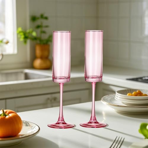 Pink Champagne Flutes Set of 6 - 6 OZ Hand Blown Crystal Wine Glasses for Wedding & Celebrations (Variation: Pink / 6 PCS)