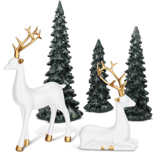 Pinkunn 5 Pcs White & Green Christmas Reindeer & Tree Decor Set for Holiday Tabletop