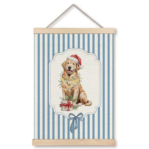 GDJIEGBC Funny Christmas Golden Retriever Wall Art Decor - Blue Stripes, 12x16 Inches, Variation 3