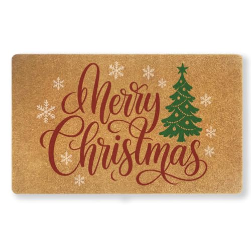 Merry Christmas Tree Door Mat - Holiday Coir Doormat with Snowflakes