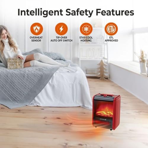 Electric Mini Fireplace Space Heater with 3D Flame and Safety Tip-Over Switch
