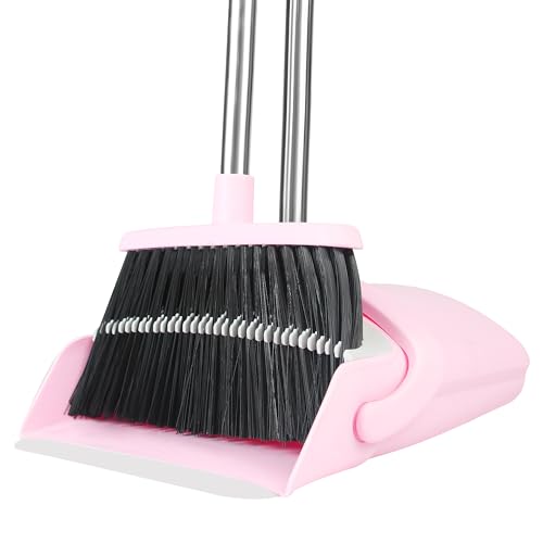 Pink Long Handle Broom and Dustpan Set with Self-Cleaning Teeth