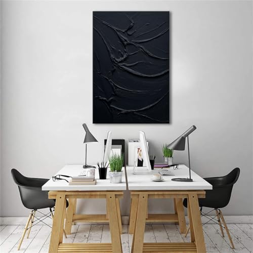 Minimalist Black Textured Oil Painting on Canvas 24x36 Inch Vertical Wall Art