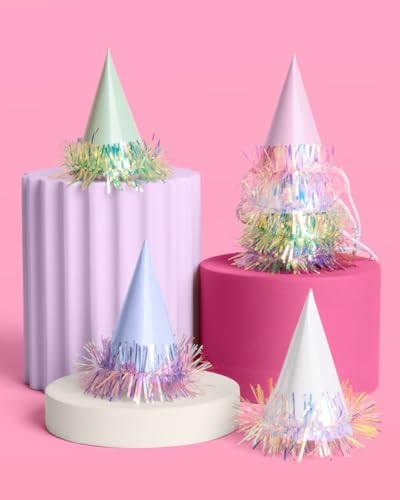 10-Piece Iridescent Mini Party Hats with Foil Fringe and Elastic Strap