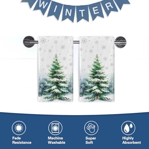 Croar Winter Pine Tree Kitchen Dish Towel Snowy Snowflake Farmhouse Decor - Set of 2