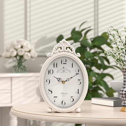 Vintage French Rustic Table Clock, Silent Quartz Mantel Desk Clock