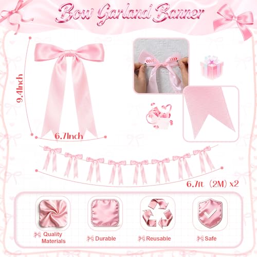 Pink Satin Bow Garland Banner (2 Pack) - Pre-Strung Coquette Room & Party Decor