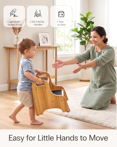 Wooden 2-Step Stool for Toddlers, Non-Slip Kitchen and Bathroom Stool