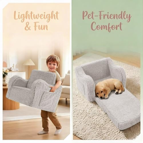Kids 2-in-1 Foldable Sherpa Sofa Chair - Flip-Out Lounger Couch, Grey
