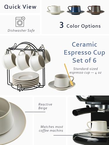 YHOSSEUN Reactive Beige 4 oz Espresso Cups Set of 6 with Saucers Spoons & Stand