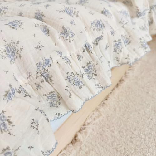 Blue Floral Ruffled Duvet Cover Full Size, Soft Muslin Cotton