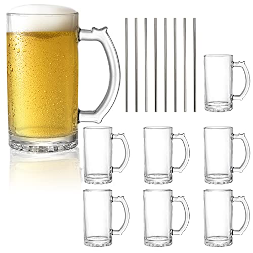 8-Pack 16 Oz Glass Beer Mugs with Handles and Stainless Steel Straws