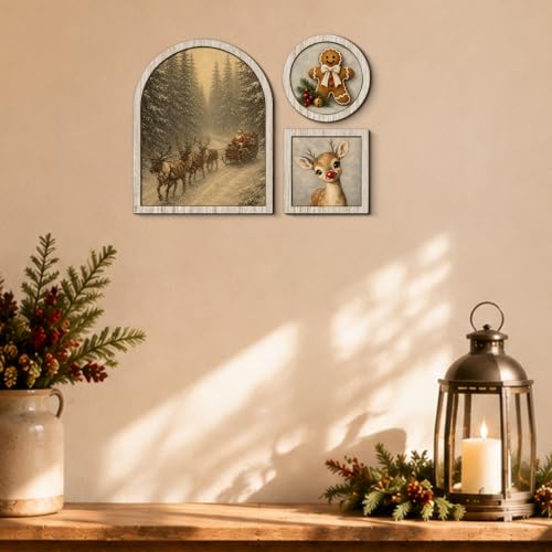 YeleY Xmas-01 3-Piece Vintage Santa Sleigh Wall Art Set with Frames