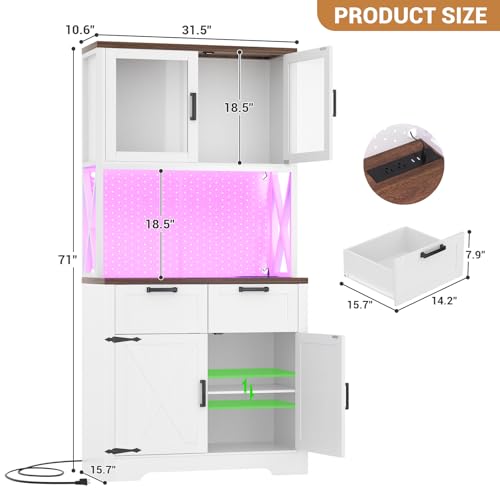 71" Tall Farmhouse Kitchen Pantry Cabinet with Power Outlet & LED Light