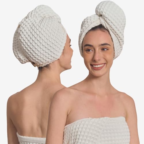 KOSMU Organic Japanese Cotton Hair Towel Wrap Shell White for Women – Quick-Dry Head Turban, Extra Large for Long & Curly Hair