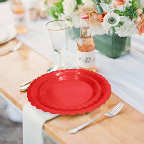 50 Pcs Red Scalloped Paper Plates 25 × 7'' and 9'' Disposable Dinner