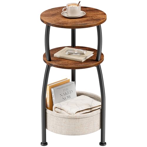 3-Tier Round Side Table with Storage Basket, 24" Small End Table, Rustic Brown