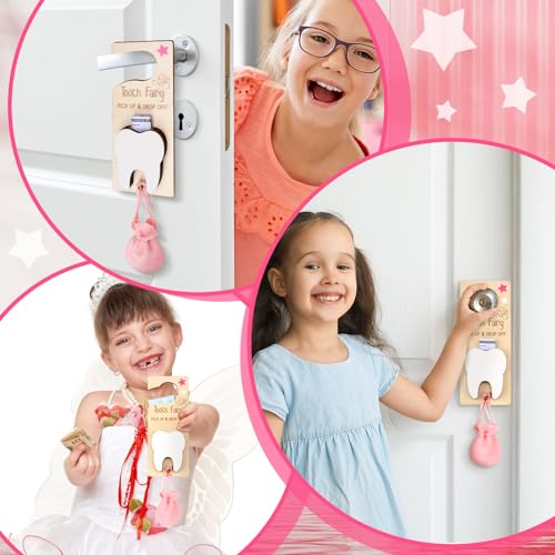 Wooden Tooth Fairy Door Hanger Kit with Keepsake Pouch and Bottle