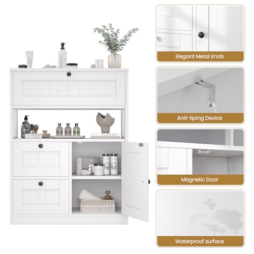 Modern Freestanding Bathroom Floor Storage Cabinet with 1 Door & 3 Drawers