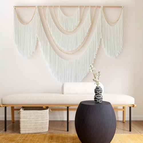 White Macrame Wall Hanging Boho Yarn Art with Beads - 57 x 35 Inches
