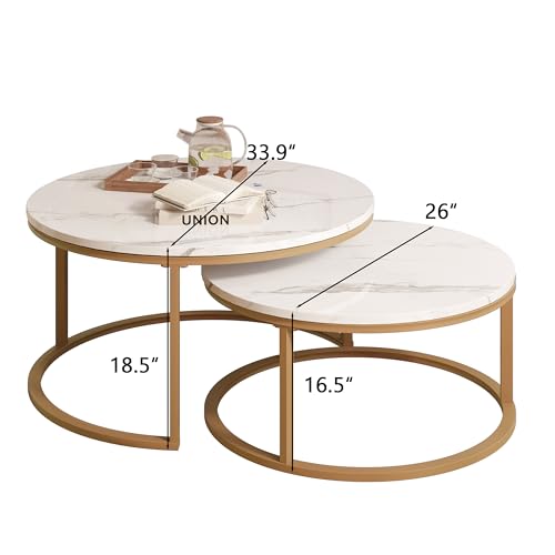 Modern Round Nesting Coffee Table Set of 2, Faux Marble Top with Gold Frame