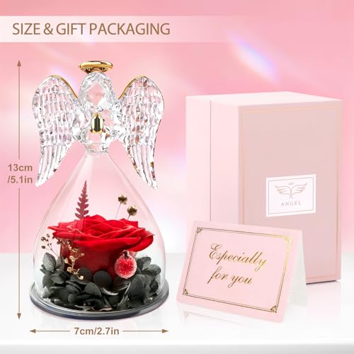 Preserved Real Rose in Glass Angel Figurine - Forever Flower Gift for Her