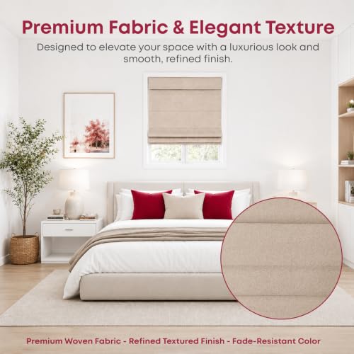 Cordless Fabric Roman Shades 34" W x 60" H - Oatmeal Darkening Blinds