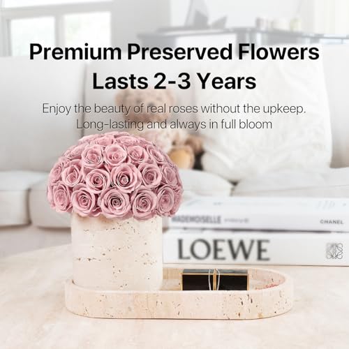 Preserved Flower Arrangement with Yellow Travertine Vase and Stone Tray