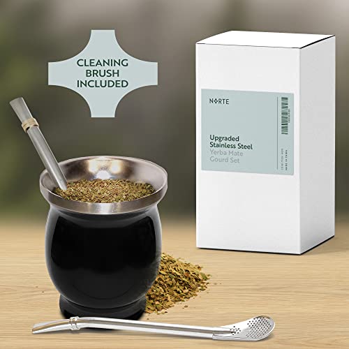 Norte Yerba Mate Cup Set Black - 8oz Traditional Tea Gourd with Stainless Steel Accessories