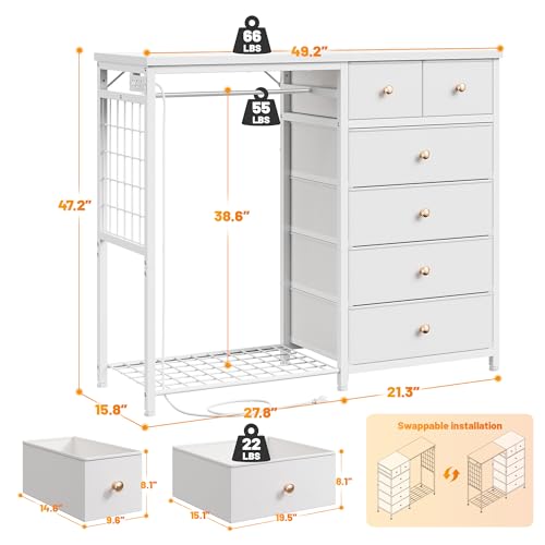 49-Inch Dresser with Hanging Rack, 6 Drawers, LED Lights & Charging Station