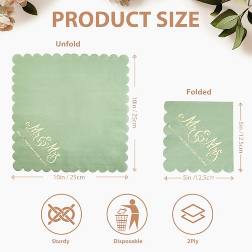 REFARICO Adventure-Green Scalloped Wedding Napkins 100 Pcs Gold Foil Mr and Mrs