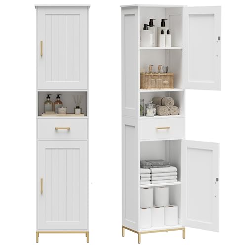 Homhedy 67-inch White Bathroom Storage Cabinet - Tall, Multi-Functional Bathroom Organizer