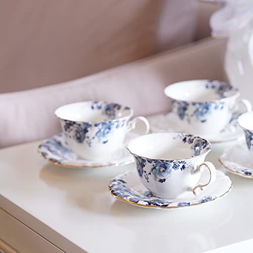 Jomop Blue and White Ceramic Tea Cups & Saucers Set of 4 - Porcelain Coffee & Tea Service