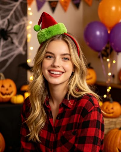 Christmas Santa Hat Headband Red Velvet Green Furry Trim Women Xmas Cosplay
