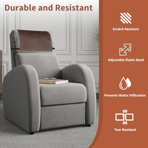 Recliner Headrest Protector - Faux Leather Cover with Elastic Straps, 17 x 27 in, Dark Brown
