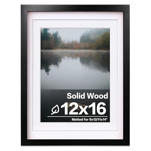 12x16 Solid Wood Picture Frame with Mat - Black Wall Mount Photo Frame