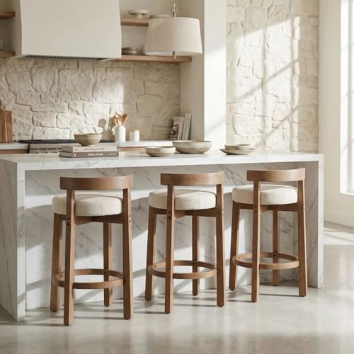 Mid-Century Linen Counter Stools, 26.5" Seat Height Bar Stools Set of 3