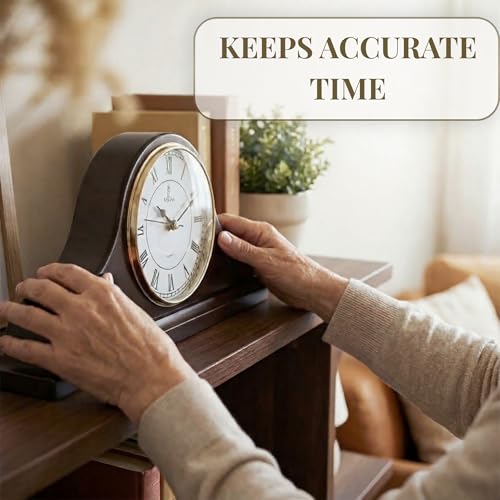 Solid Wood Mantel Clock, Silent Non-Chiming Battery Operated Table Clock