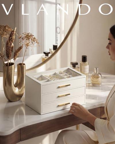 3-Drawer Jewelry Box with Glass Lid - Leather Jewelry Organizer for Women